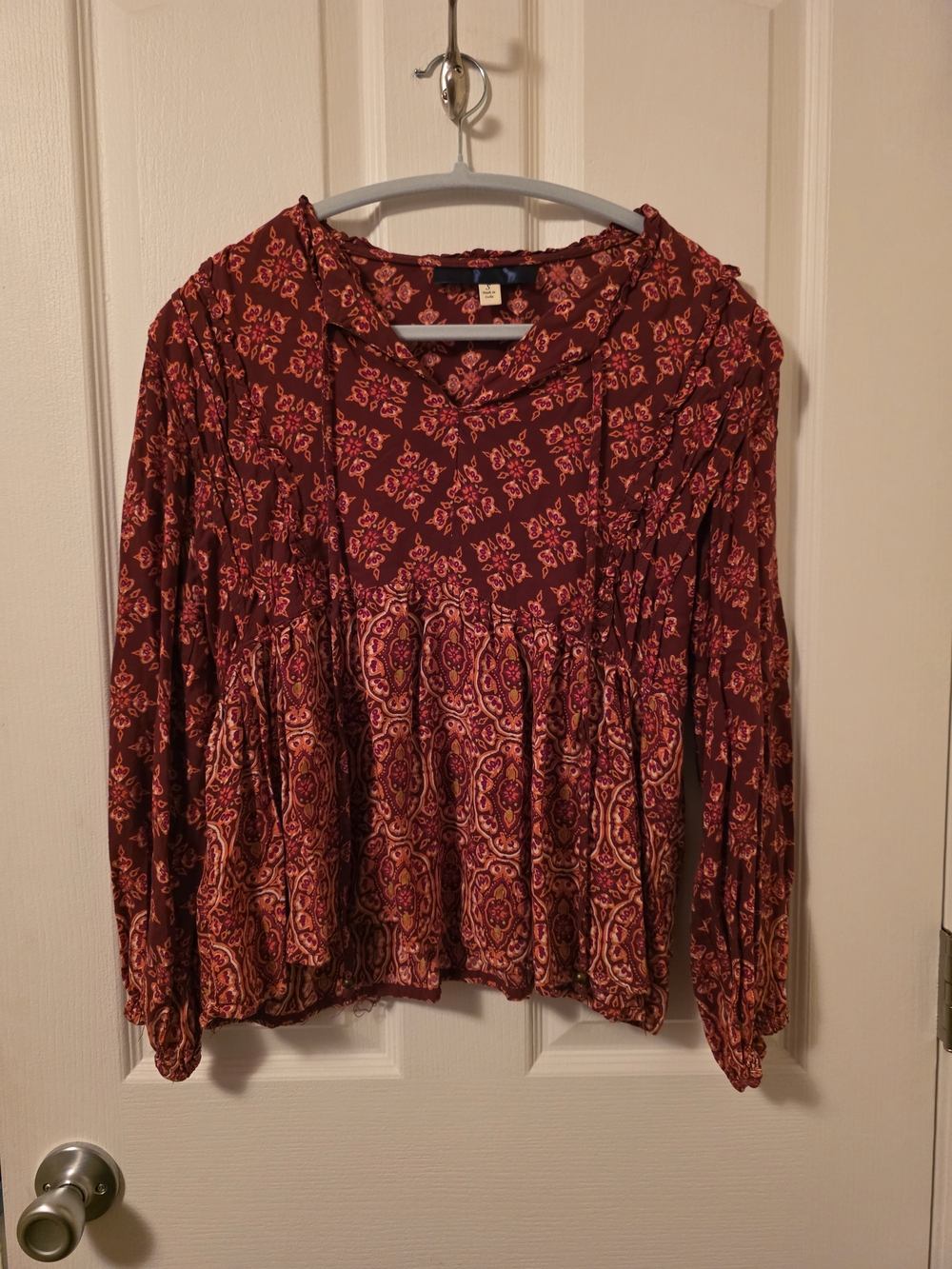 Lucky Brand Burgundy Paisley Tiered Long-Sleeve Tunic